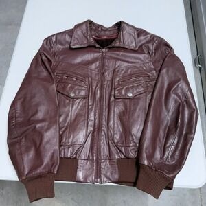 Vintage Leather Bomber Jacket Burgundy Oxblood Zip Front Ribbed Knit Trim